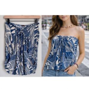 Y2K Blue White Small Geometric Tube Top Strapless Beach Tropical Boho Festival